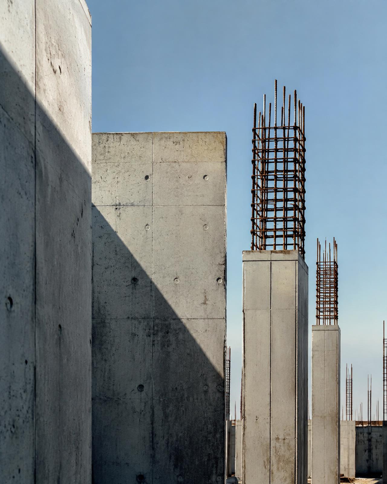 Concrete columns and rebar on a construction site